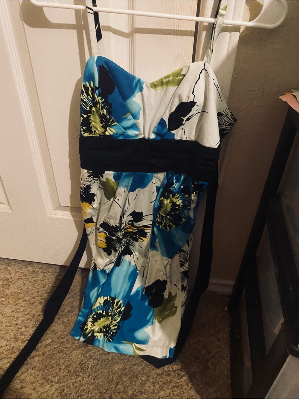 Strapless Floral Print Blue & White Dress with Black Waistband